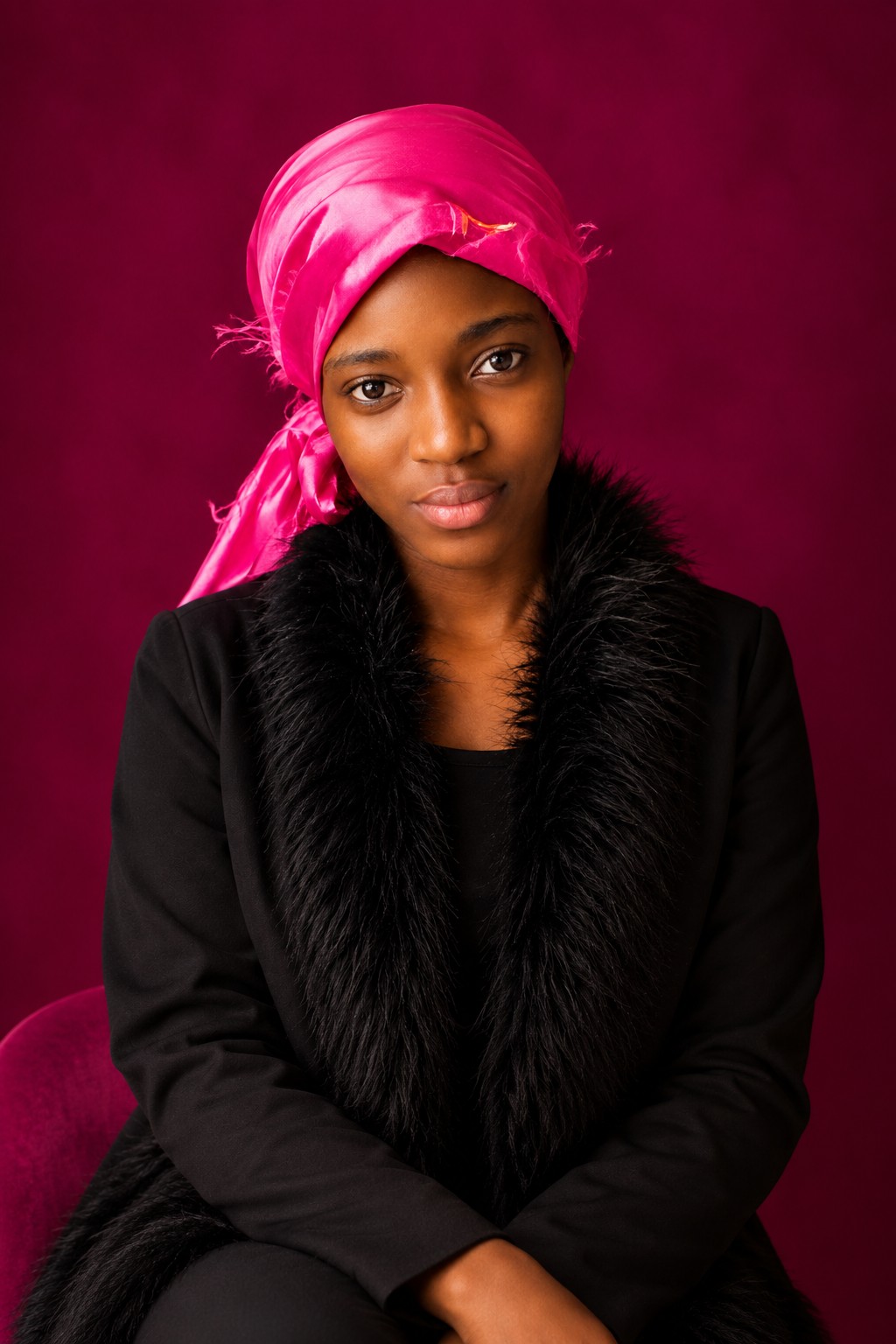 Gonemili Grace, portrait avec un foulard rose