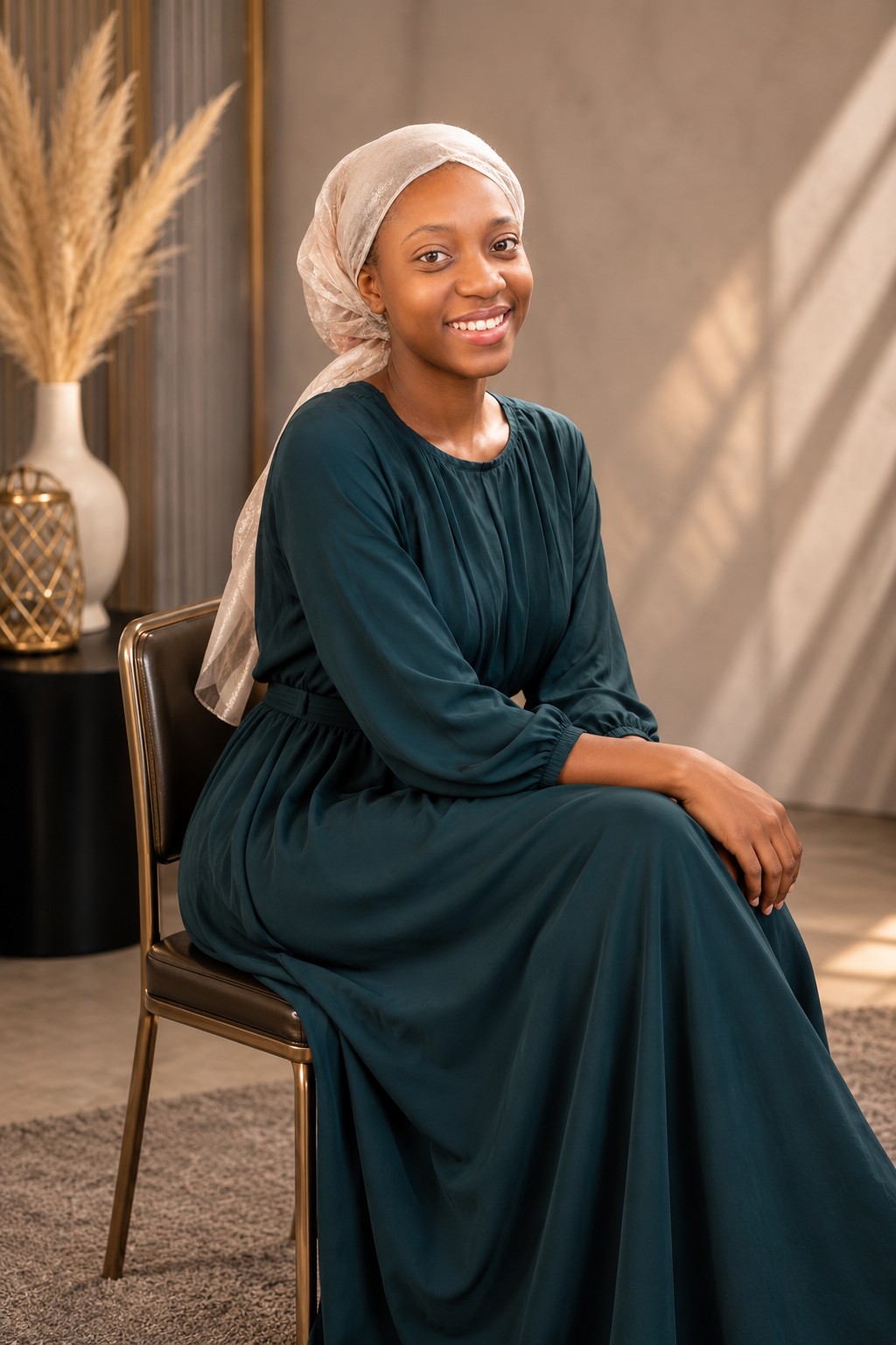 Gonemili Grace, portrait assis en robe verte